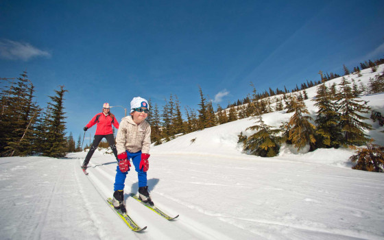 Child and adult on skiis