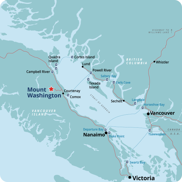 Map showing Mount Washington on Vancouver Island with nearby cities and ferry routes.